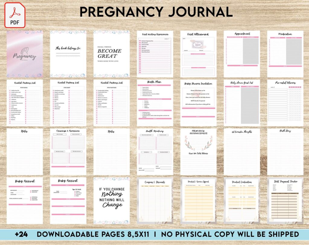 Pregnancy journal, Pregnancy keepsake, Pregnancy Planner, hospital packing list, birth plan, baby shower, health monitoring, PDF Printable, Kdp interior
