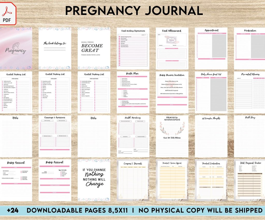 Pregnancy journal, Pregnancy keepsake, Pregnancy Planner, hospital packing list, birth plan, baby shower, health monitoring, PDF Printable, Kdp interior