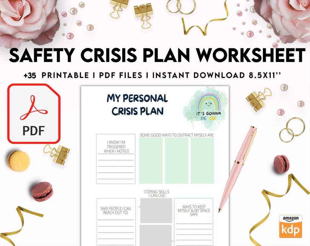 8×11 inch pages size Safety Crisis Plan journal, Safety plan Worksheet, Therapy Aid, School Counselor, Psychology Tools, Self Help Mental Health, PDF Printable, Kdp interior