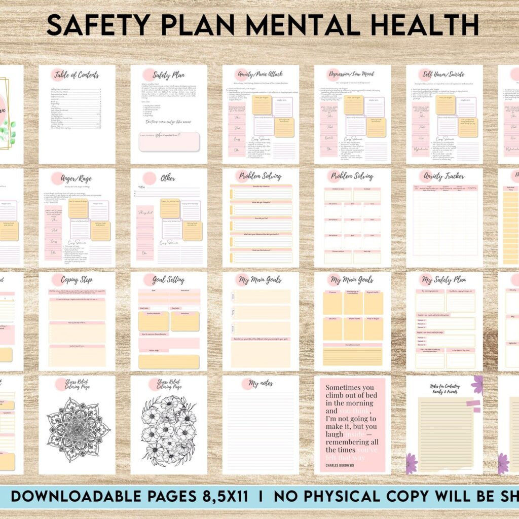 Safety Plans Journal, Mental Health Worksheets, Problem Solving, self care, PDF Printable, Kdp interior