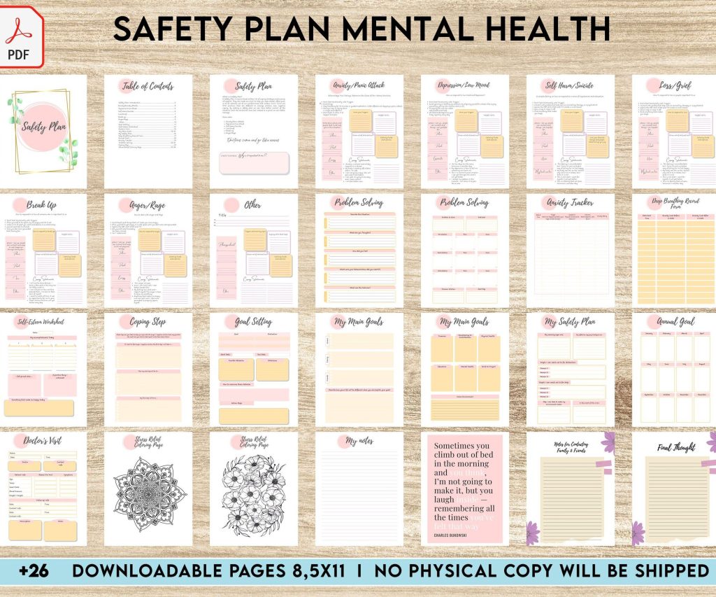 Safety Plans Journal, Mental Health Worksheets, Problem Solving, self care, PDF Printable, Kdp interior