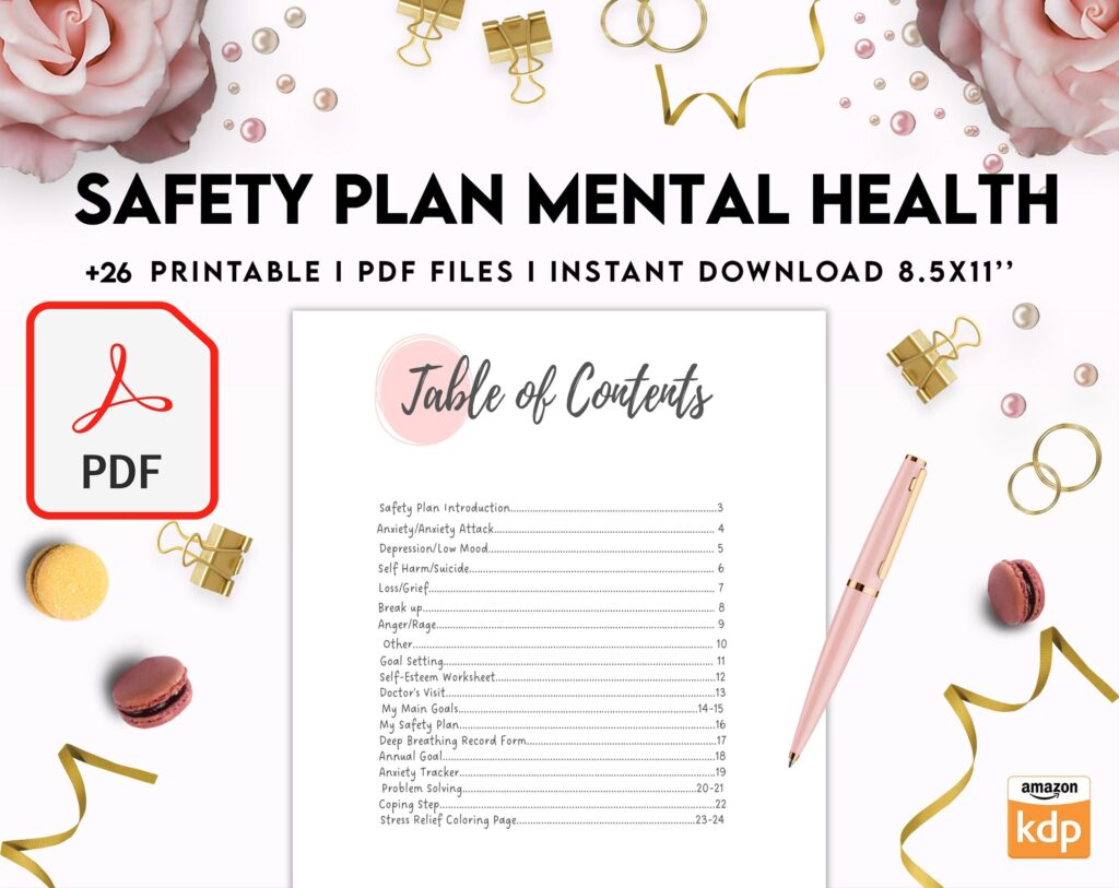 Safety Plans Journal, Mental Health Worksheets, Problem Solving, self care, PDF Printable, Kdp interior