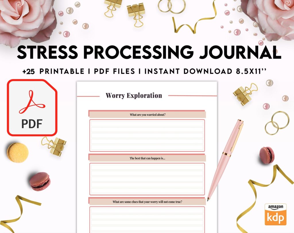 Stress Processing Journal Pages for daily self care, mental health, and emotion list with breakdown worksheets, PDF Printable, Kdp interior