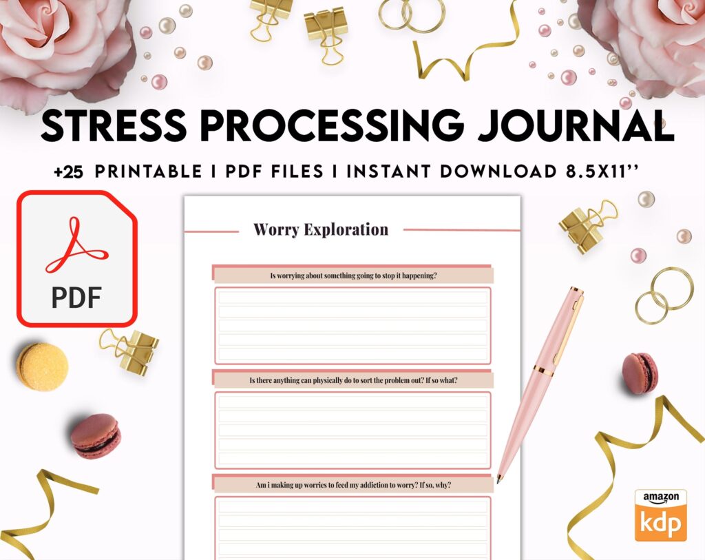 Stress Processing Journal Pages for daily self care, mental health, and emotion list with breakdown worksheets, PDF Printable, Kdp interior