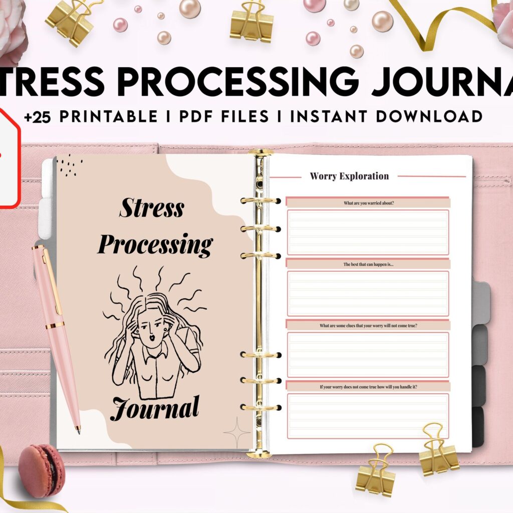Stress Processing Journal Pages for daily self care, mental health, and emotion list with breakdown worksheets, PDF Printable, Kdp interior