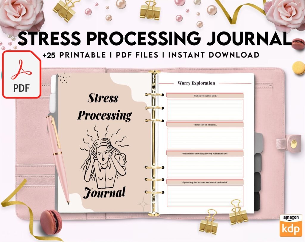 Stress Processing Journal Pages for daily self care, mental health, and emotion list with breakdown worksheets, PDF Printable, Kdp interior
