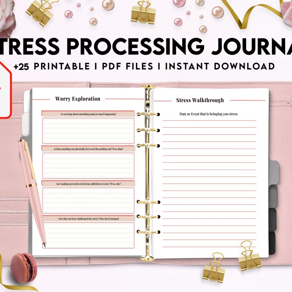 Stress Processing Journal Pages for daily self care, mental health, and emotion list with breakdown worksheets, PDF Printable, Kdp interior