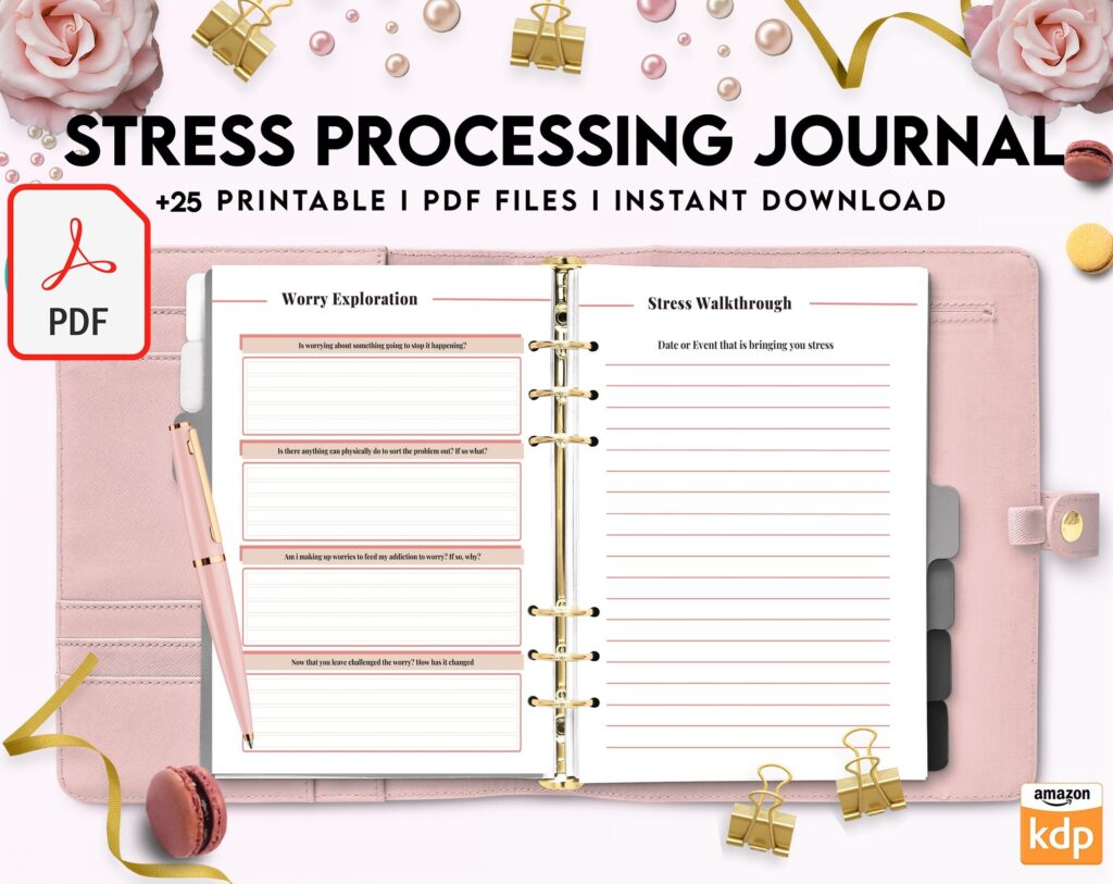 Stress Processing Journal Pages for daily self care, mental health, and emotion list with breakdown worksheets, PDF Printable, Kdp interior
