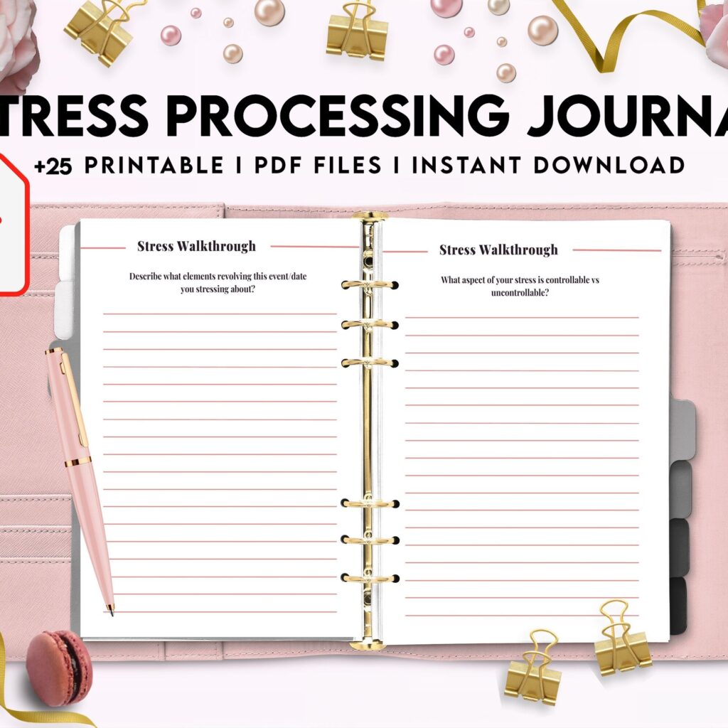 Stress Processing Journal Pages for daily self care, mental health, and emotion list with breakdown worksheets, PDF Printable, Kdp interior