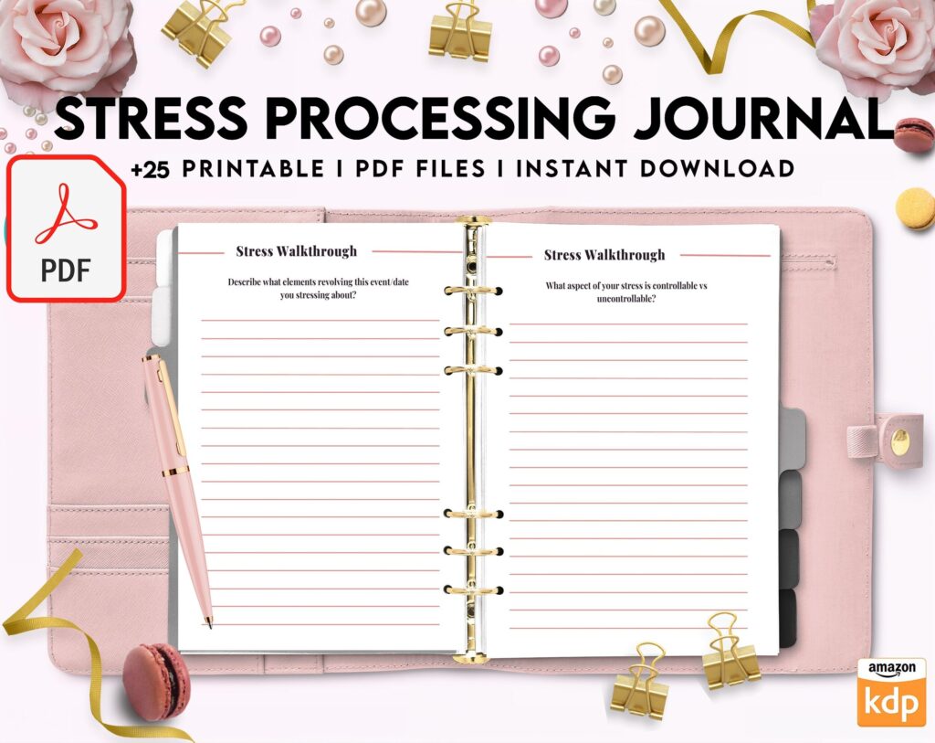 Stress Processing Journal Pages for daily self care, mental health, and emotion list with breakdown worksheets, PDF Printable, Kdp interior
