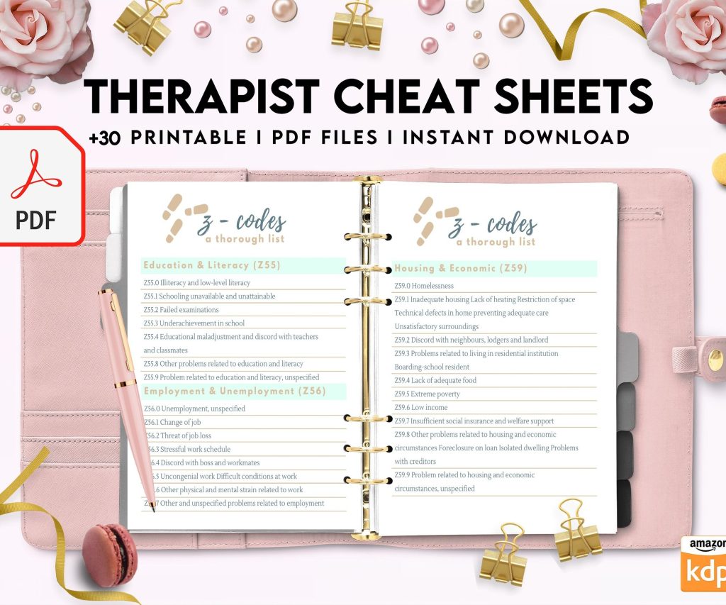 Therapist Planner, Therapist insert cheat sheets for documentation & clinical work, therapy sheets PDF Printable, Kdp interior
