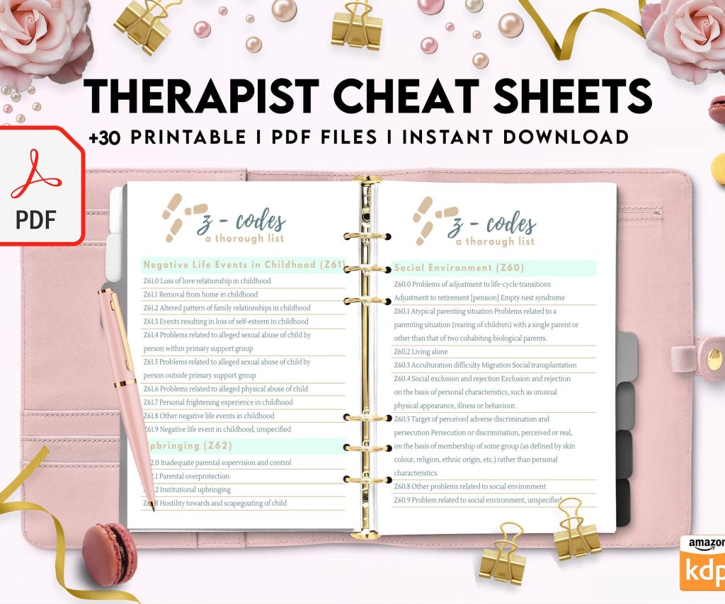 Therapist Planner, Therapist insert cheat sheets for documentation & clinical work, therapy sheets PDF Printable, Kdp interior