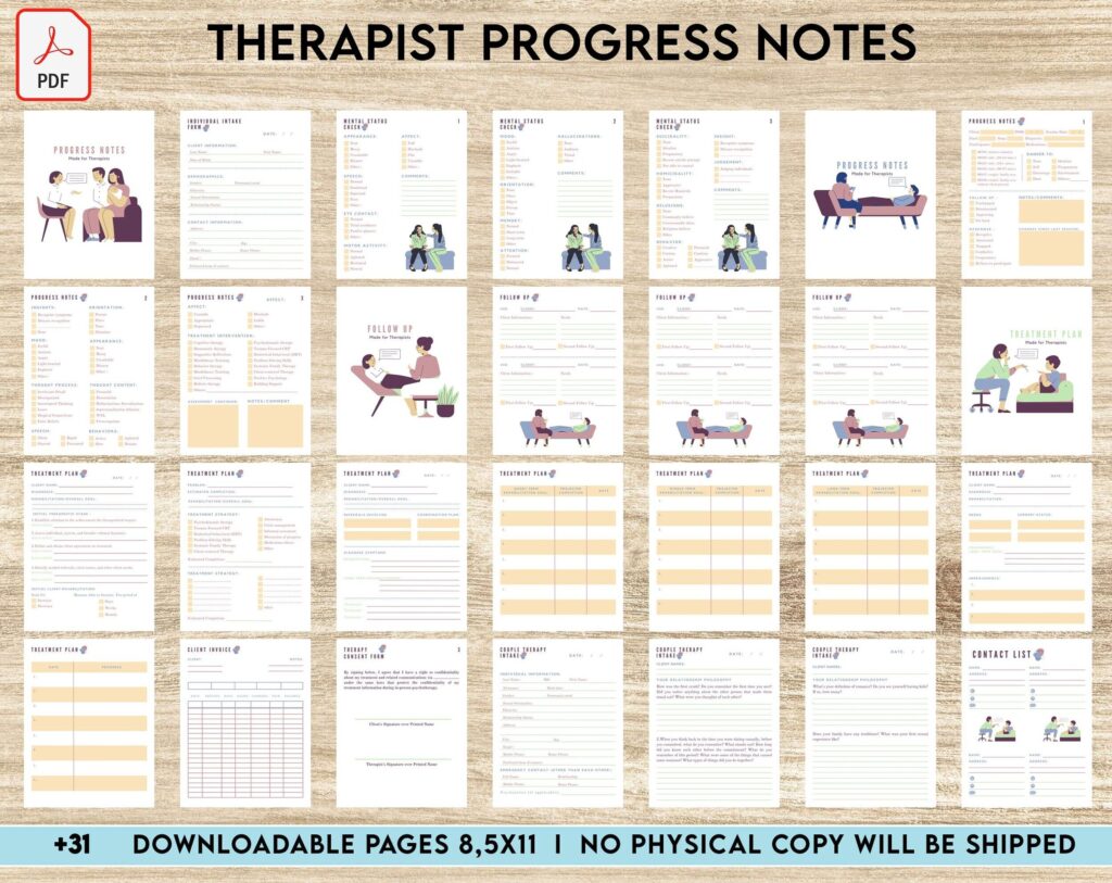 Progress Notes for Therapists, 8×11 inch pages size therapy worksheets, Client Progress Note Template , Counseling, PDF Printable, Kdp interior