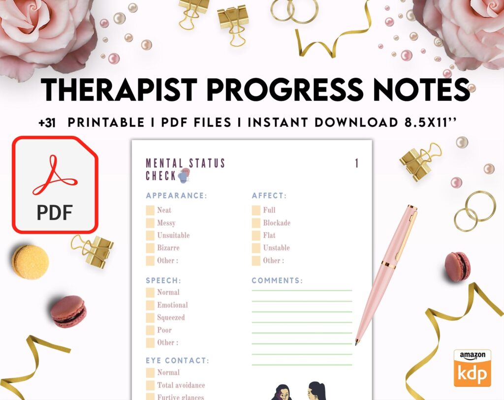 Progress Notes for Therapists, 8×11 inch pages size therapy worksheets, Client Progress Note Template , Counseling, PDF Printable, Kdp interior