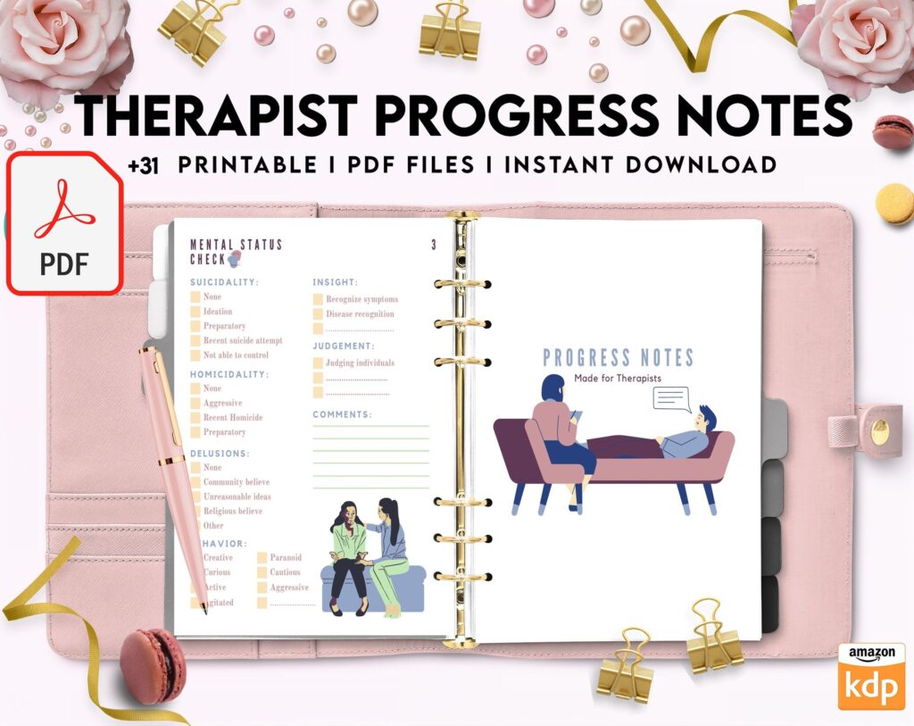 Progress Notes for Therapists, 8×11 inch pages size therapy worksheets, Client Progress Note Template , Counseling, PDF Printable, Kdp interior