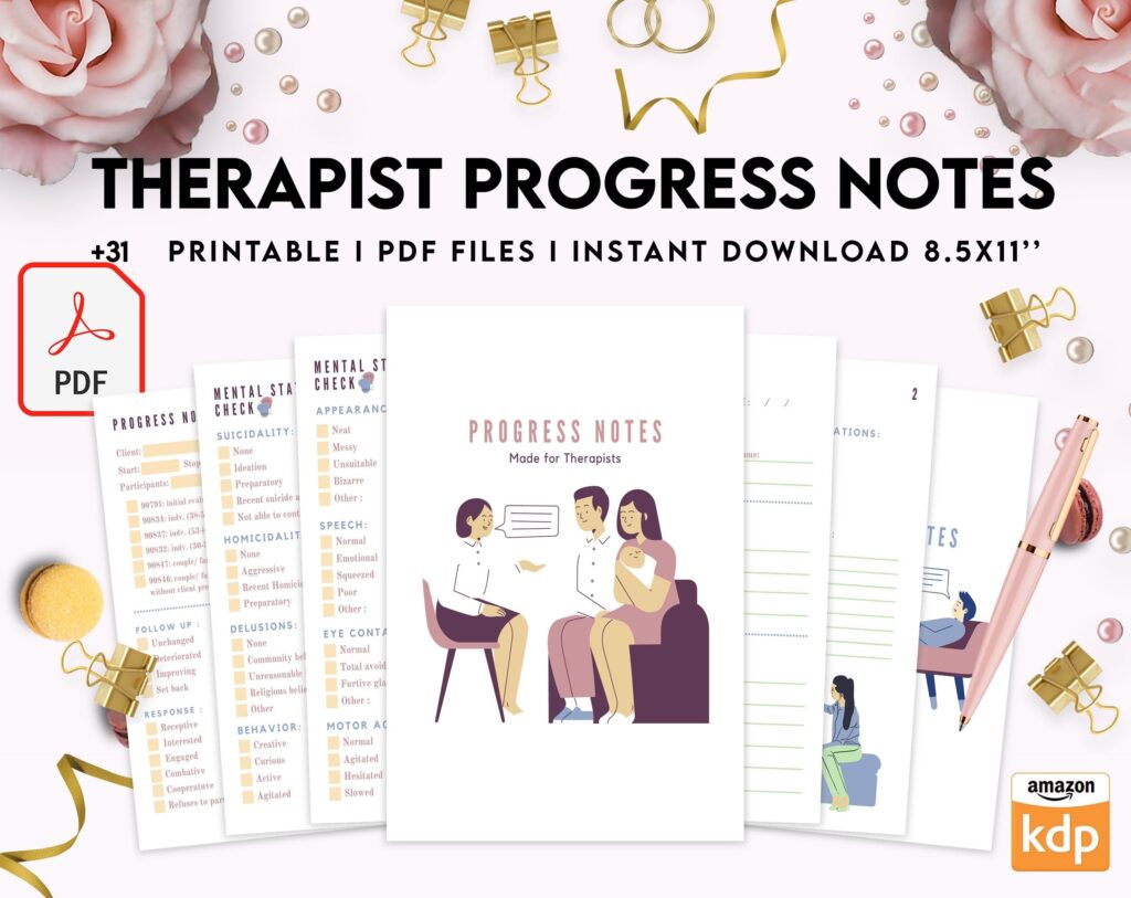 Progress Notes for Therapists, 8×11 inch pages size therapy worksheets, Client Progress Note Template , Counseling, PDF Printable, Kdp interior