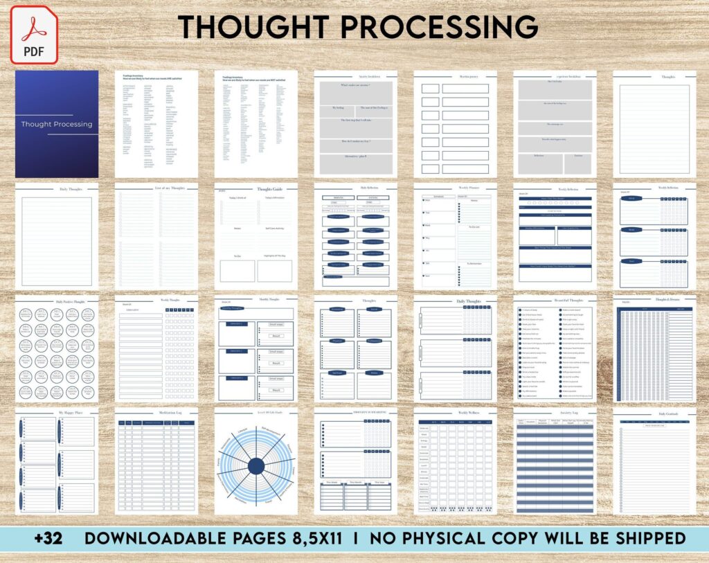 Thought Processing Journal Pages for daily self care, mental health, and emotion list with breakdown worksheets, PDF Printable, Kdp interior