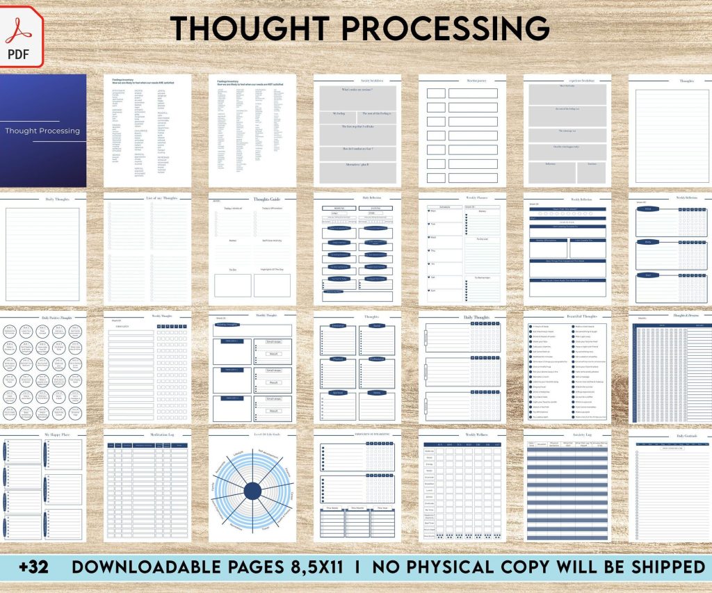 Thought Processing Journal Pages for daily self care, mental health, and emotion list with breakdown worksheets, PDF Printable, Kdp interior