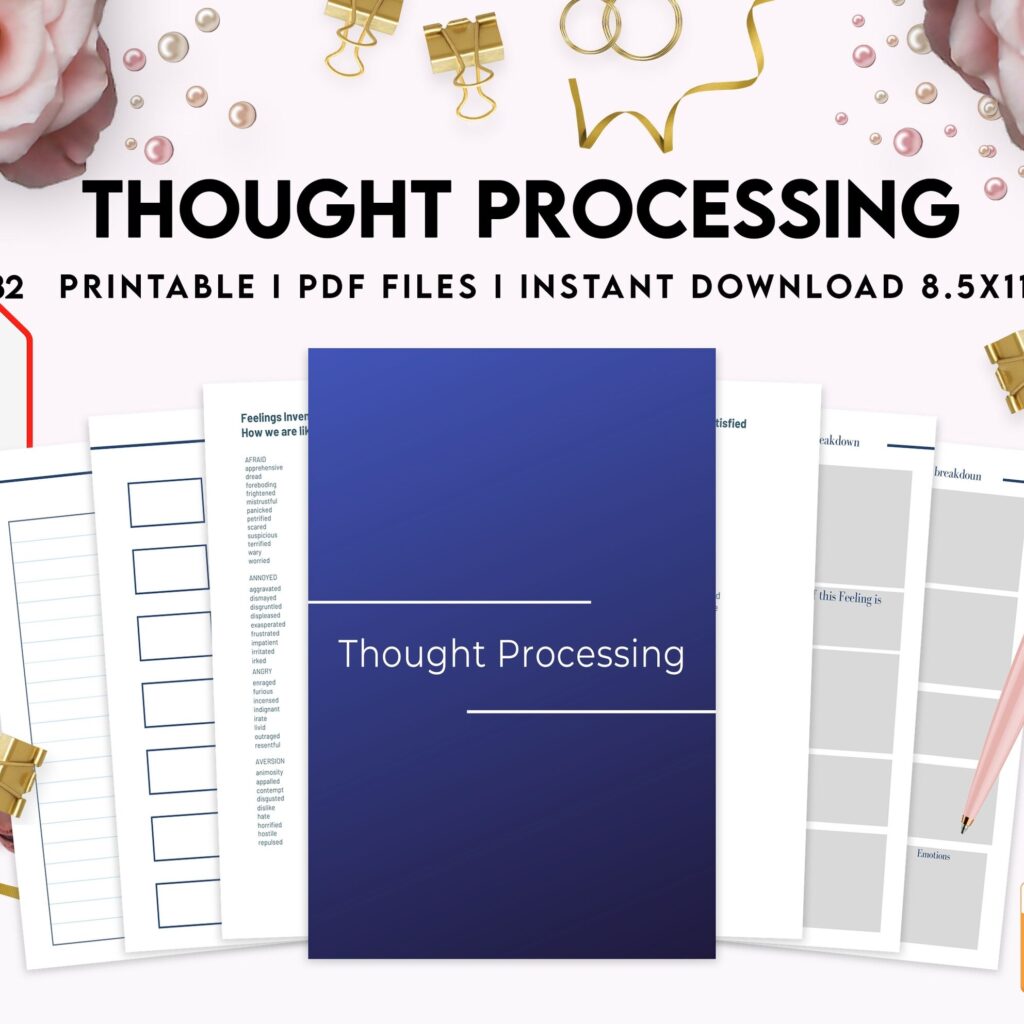 Thought Processing Journal Pages for daily self care, mental health, and emotion list with breakdown worksheets, PDF Printable, Kdp interior