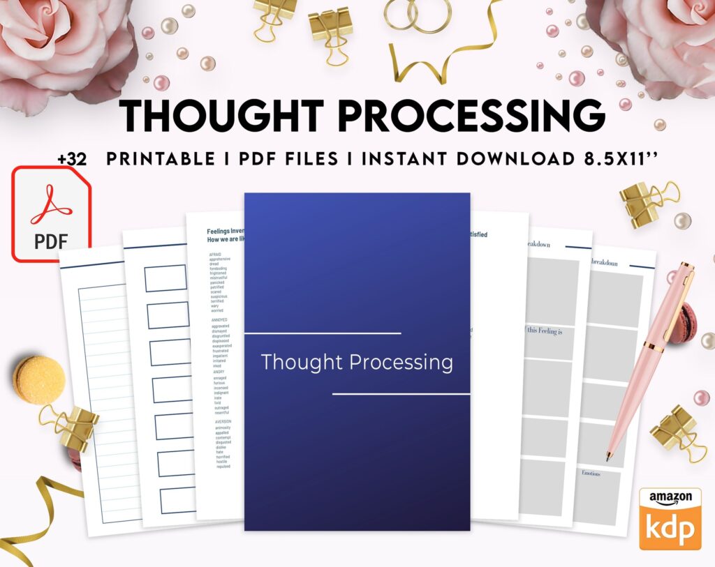 Thought Processing Journal Pages for daily self care, mental health, and emotion list with breakdown worksheets, PDF Printable, Kdp interior
