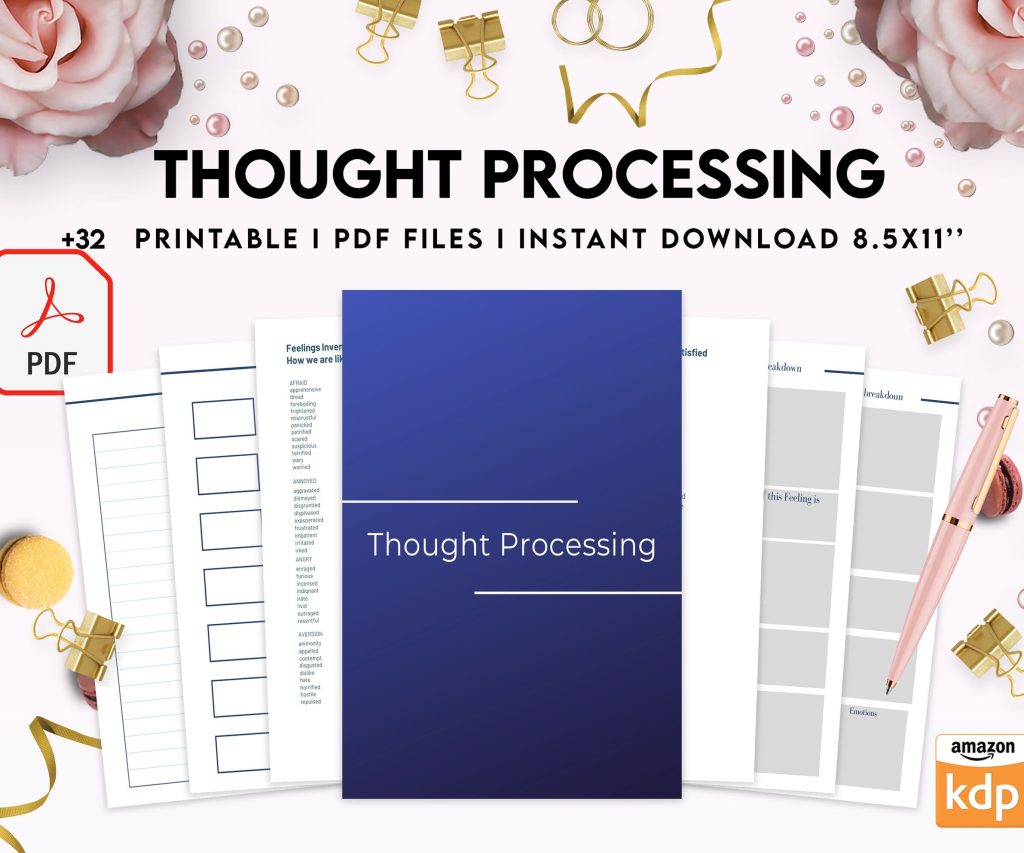 Thought Processing Journal Pages for daily self care, mental health, and emotion list with breakdown worksheets, PDF Printable, Kdp interior
