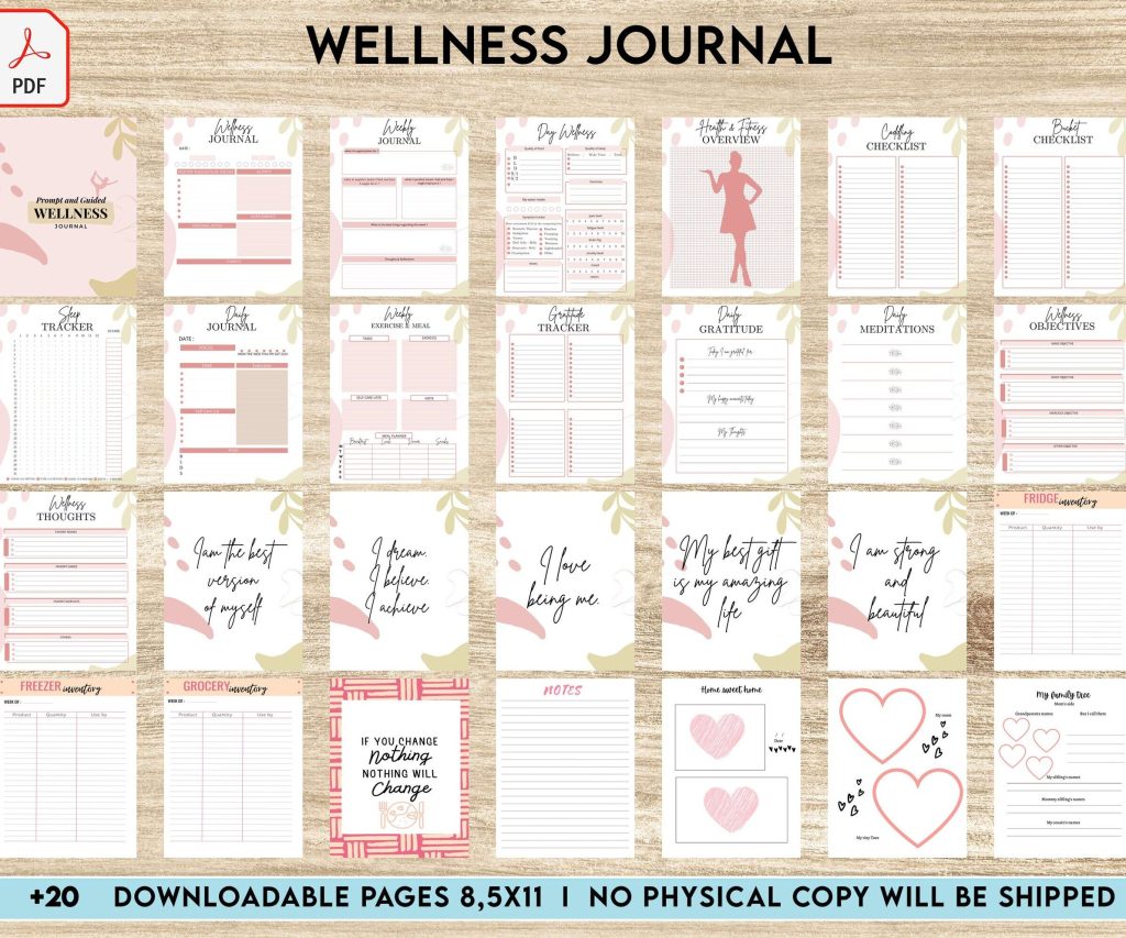 Wellness Journal Planner, Self care journal , Wellness 8×11 inch pages size Bundle Pages, PDF Printable, Kdp interior