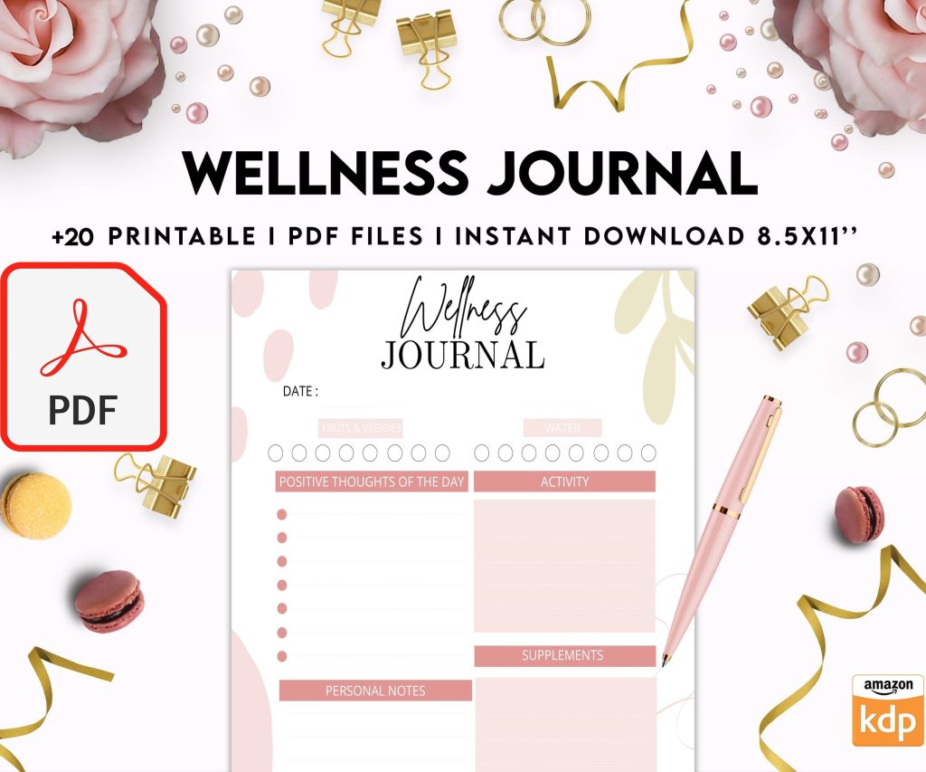 Wellness Journal Planner, Self care journal , Wellness 8×11 inch pages size Bundle Pages, PDF Printable, Kdp interior