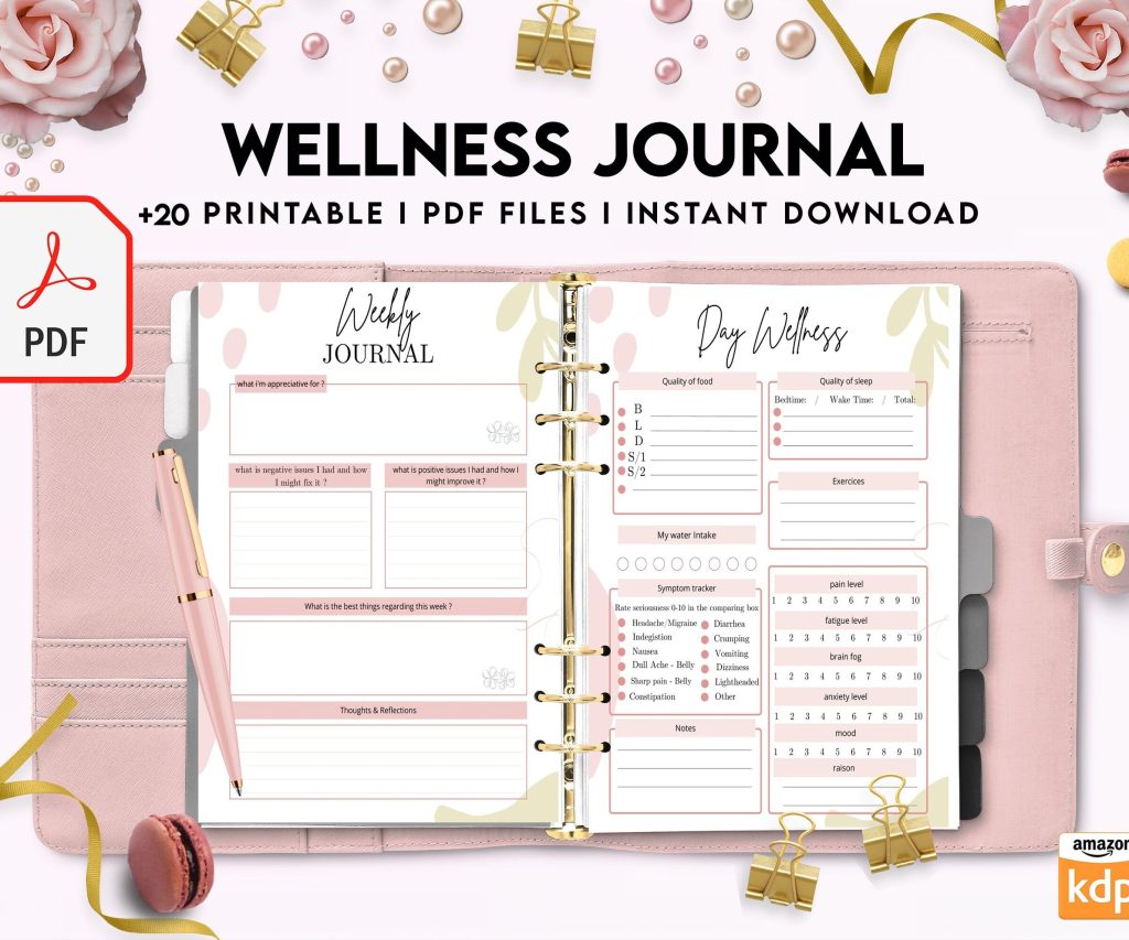 Wellness Journal Planner, Self care journal , Wellness 8×11 inch pages size Bundle Pages, PDF Printable, Kdp interior