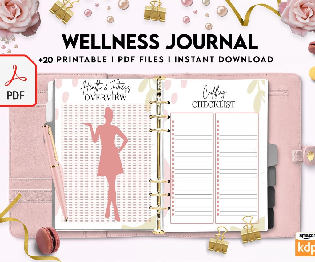 Wellness Journal Planner, Self care journal , Wellness 8×11 inch pages size Bundle Pages, PDF Printable, Kdp interior