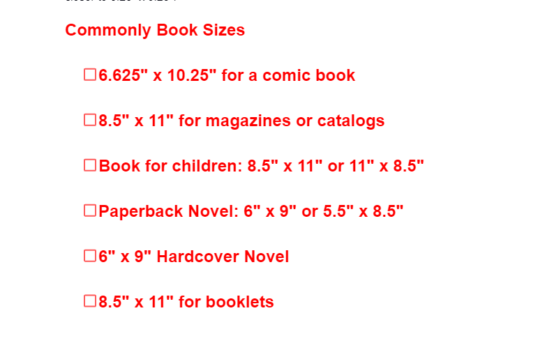 Commonly Book Size