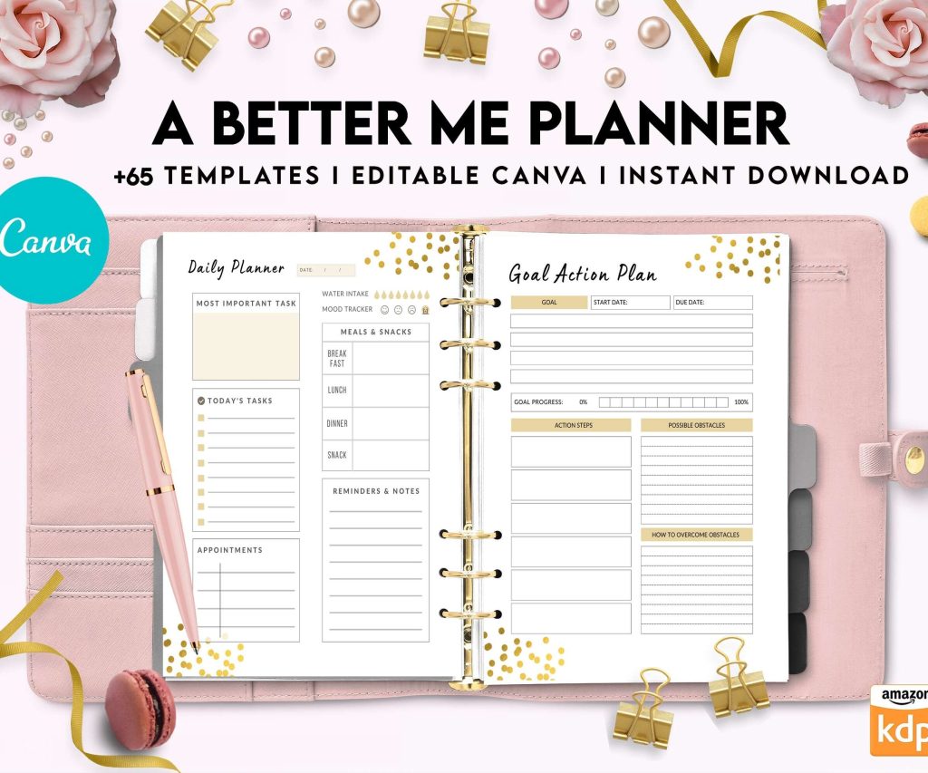 A Better Me Planner, Daily Monthly planner, Goal planner, Canva Editable Templates 8,5×11 inch, KDP interior