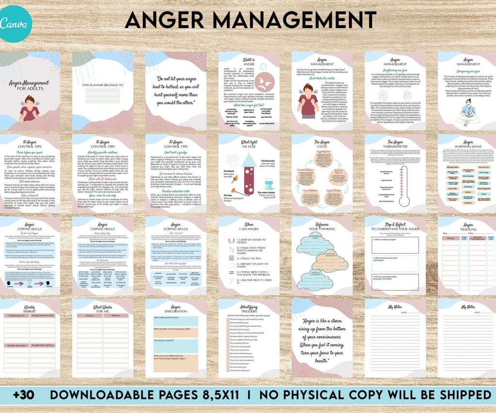 Anger Management for Adults, therapy journal , mental health, self care journal, Canva Editable Templates 8,5×11 inch, KDP interior