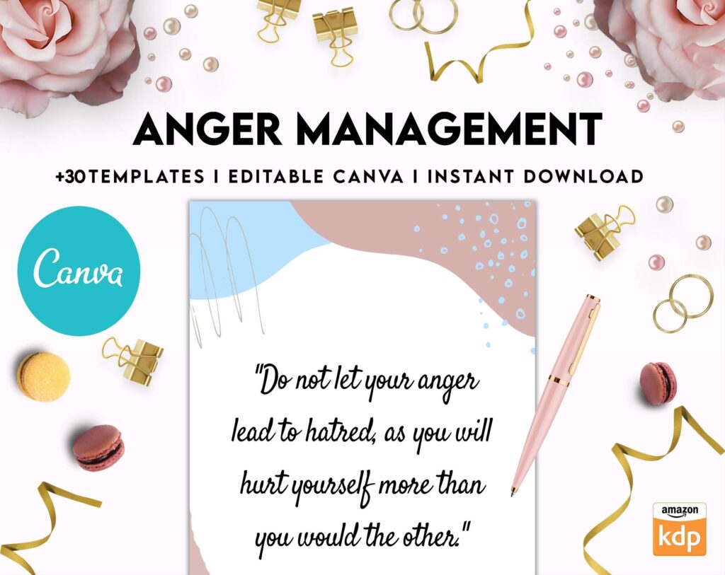Anger Management for Adults, therapy journal , mental health, self care journal, Canva Editable Templates 8,5×11 inch, KDP interior