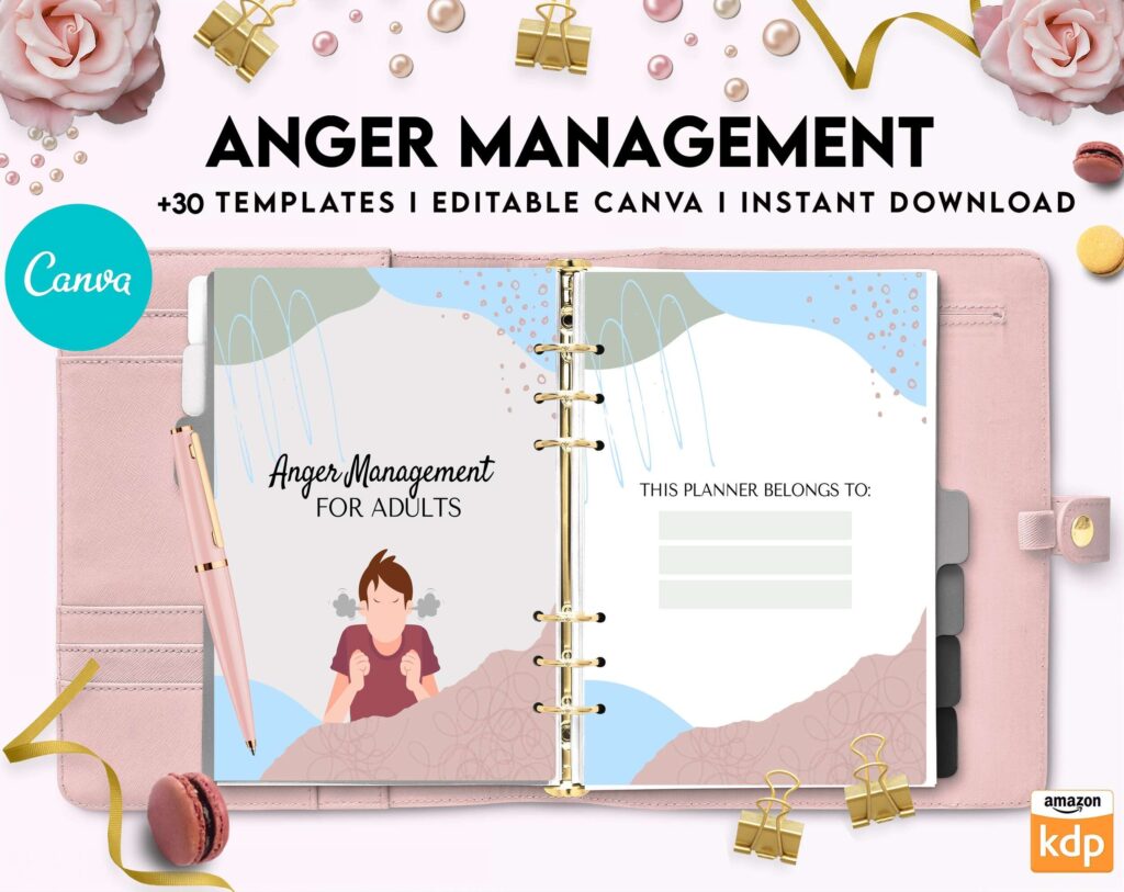 Anger Management for Adults, therapy journal , mental health, self care journal, Canva Editable Templates 8,5×11 inch, KDP interior