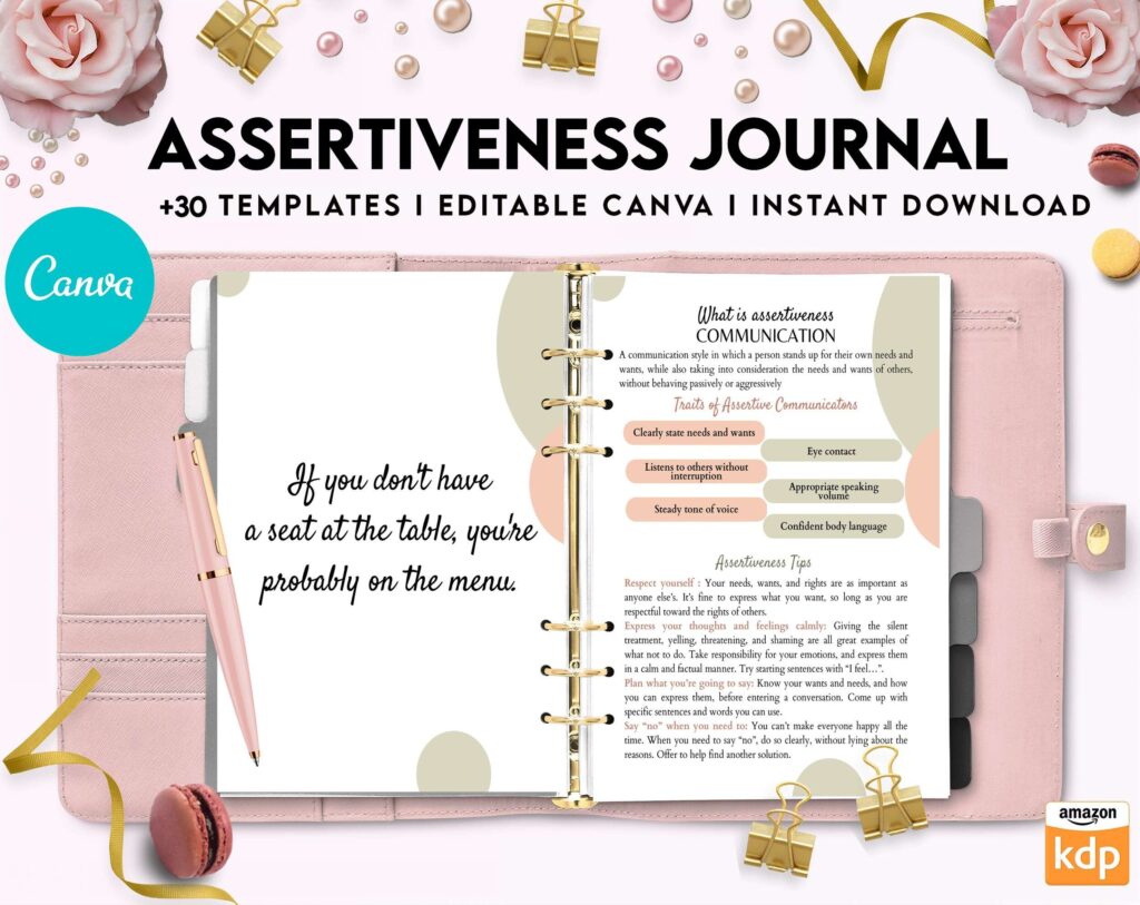 Assertiveness, confident and forceful behavior journal, Canva Editable Templates 8,5×11 inch, KDP interior