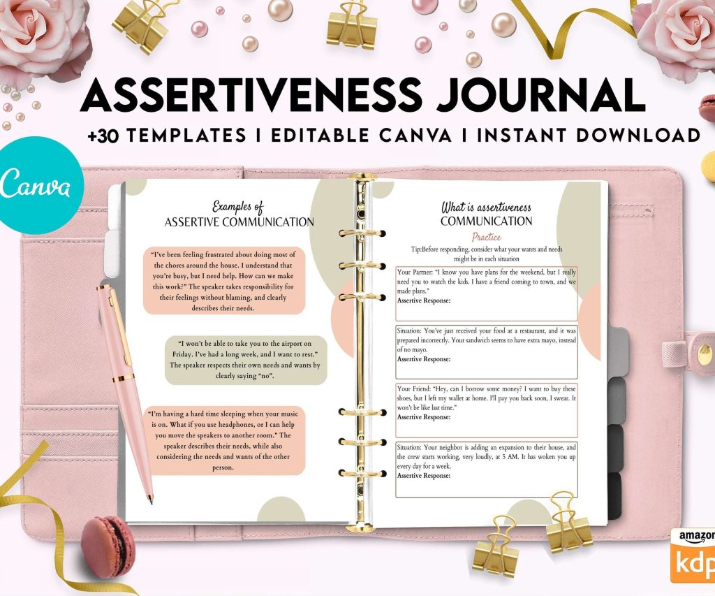 Assertiveness, confident and forceful behavior journal, Canva Editable Templates 8,5×11 inch, KDP interior