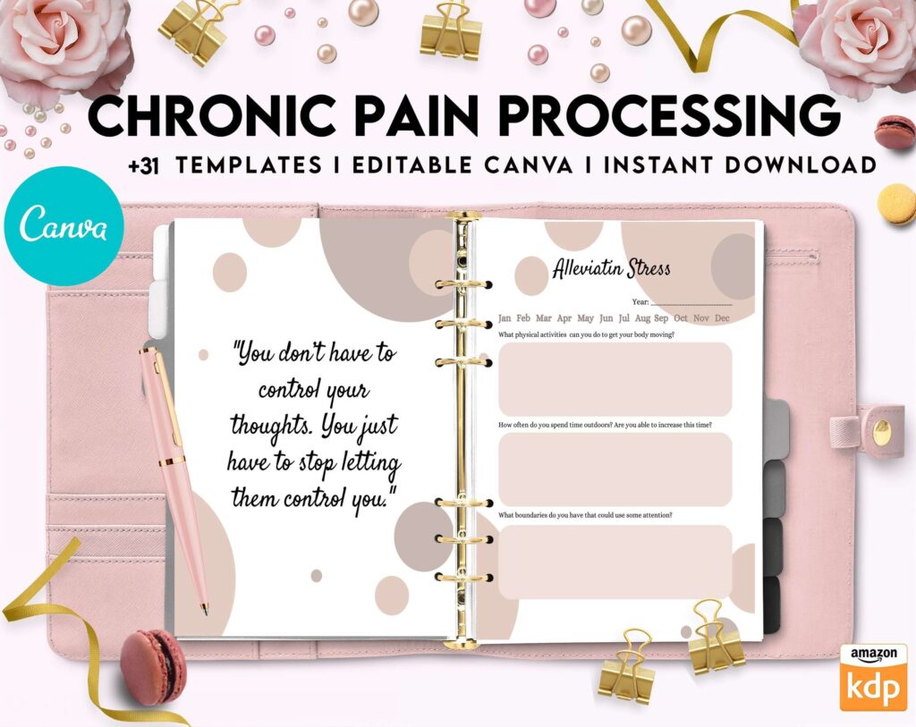 Chronic Pain Processing, chronic fatigue, chronic illnes, Pain tracker, Canva Editable Templates 8,5×11 inch, KDP interior