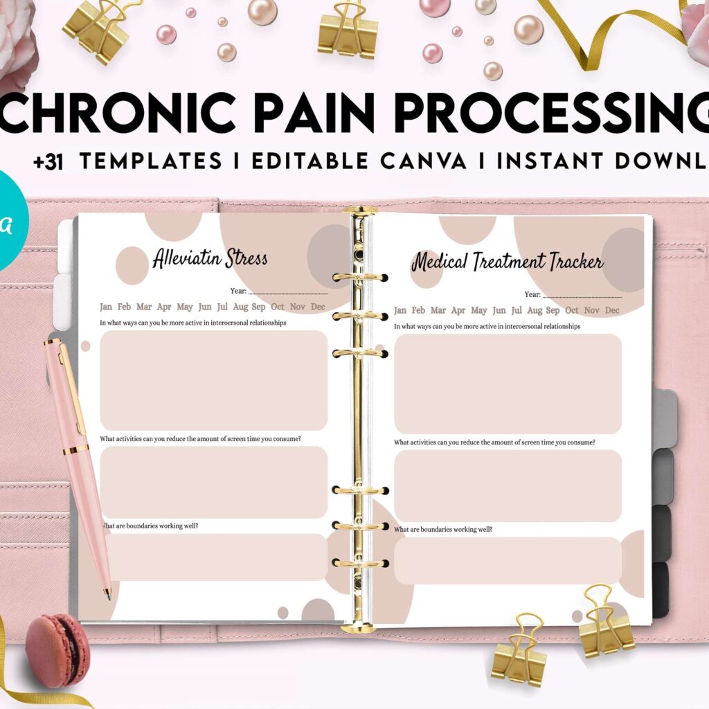 Chronic Pain Processing, chronic fatigue, chronic illnes, Pain tracker, Canva Editable Templates 8,5×11 inch, KDP interior