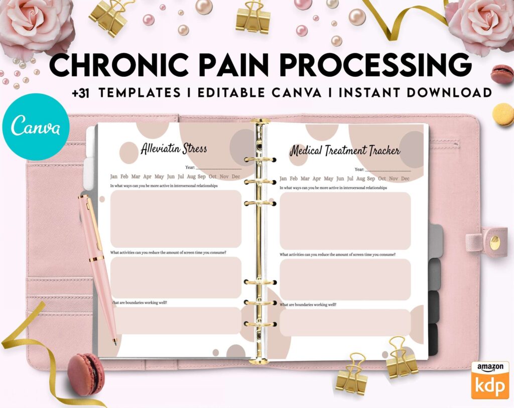 Chronic Pain Processing, chronic fatigue, chronic illnes, Pain tracker, Canva Editable Templates 8,5×11 inch, KDP interior