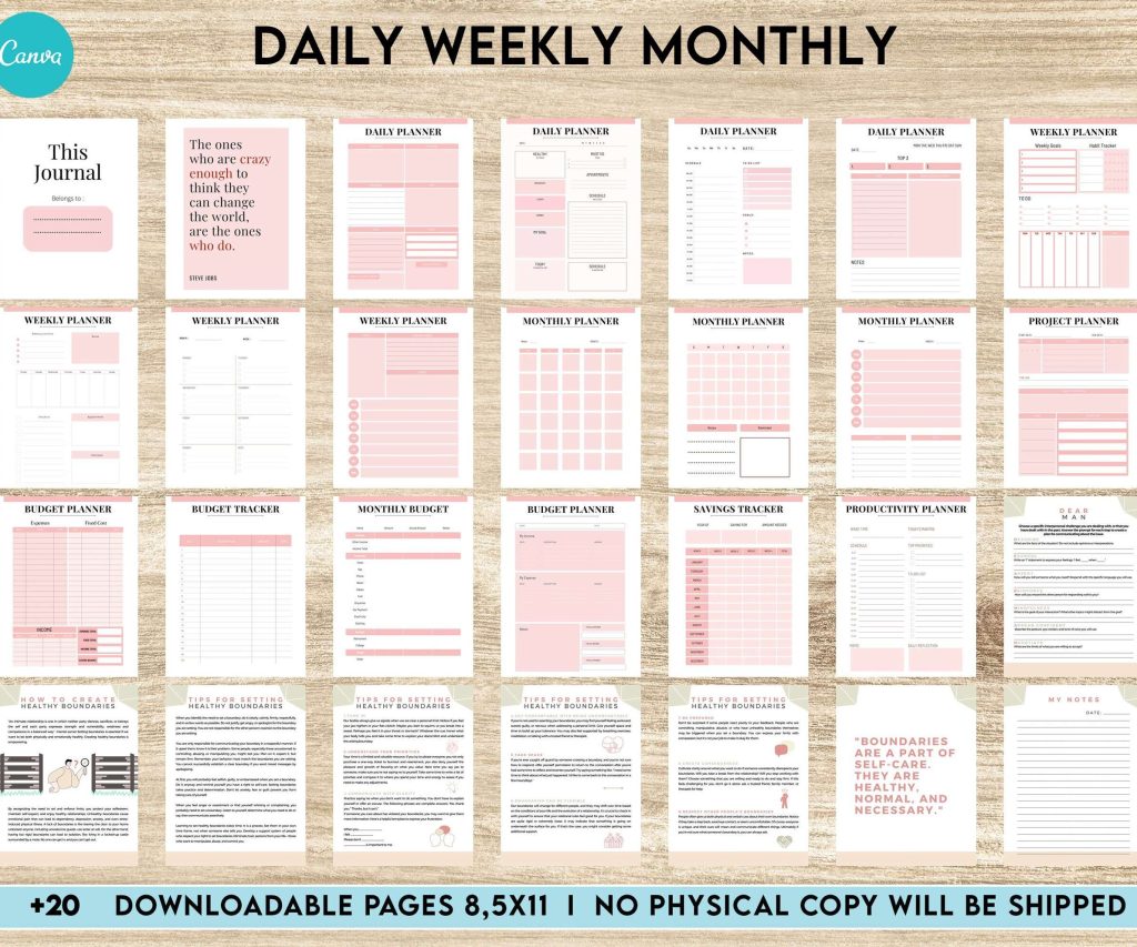 Daily weekly monthly Journal, undated journal, Canva Editable Templates 8,5×11 inch, KDP interior