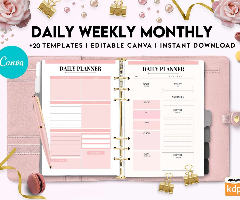 Daily weekly monthly Journal, undated journal, Canva Editable Templates 8,5×11 inch, KDP interior