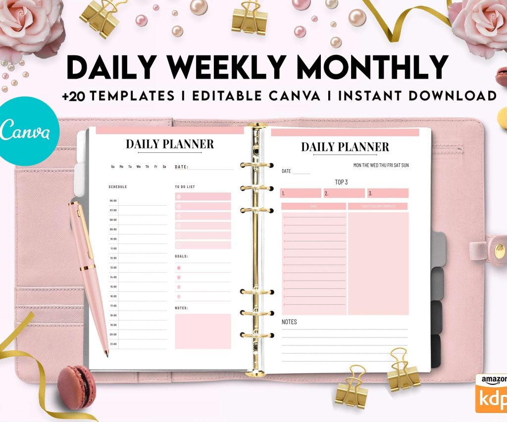 Daily weekly monthly Journal, undated journal, Canva Editable Templates 8,5×11 inch, KDP interior