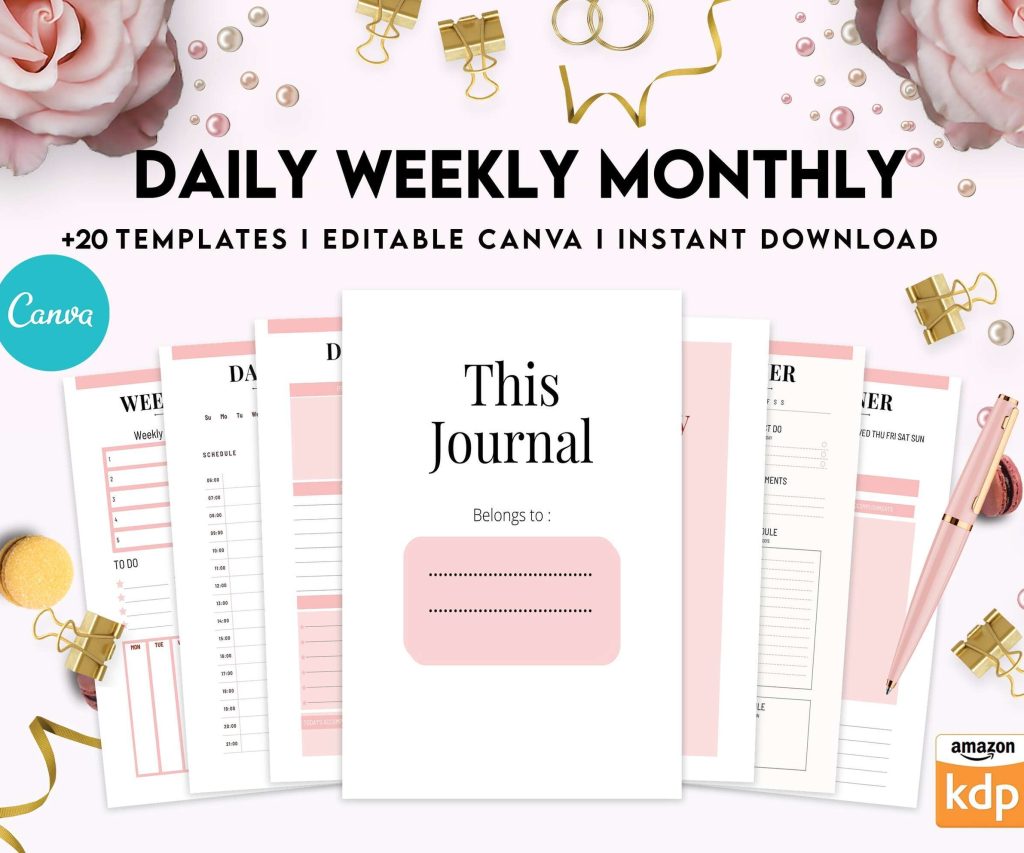 Daily weekly monthly Journal, undated journal, Canva Editable Templates 8,5×11 inch, KDP interior