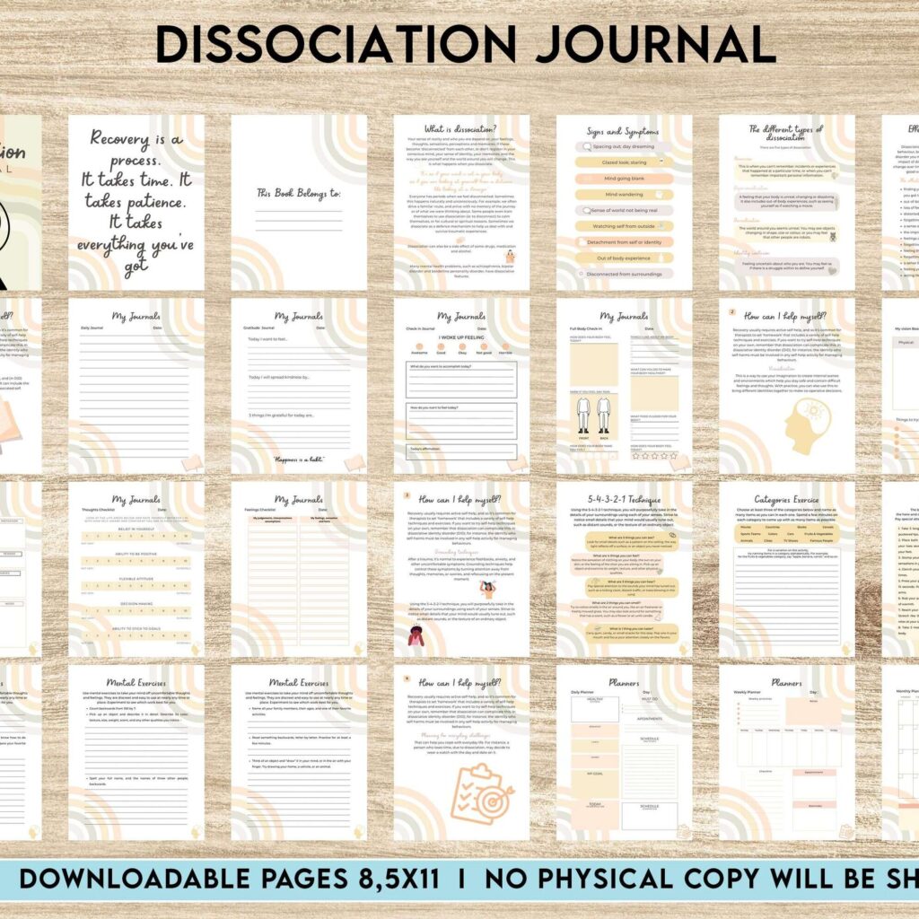 Dissociation journal, dissociative disorders, Trauma, stress disorder, ptsd, Canva Editable Templates 8,5×11 inch, KDP interior