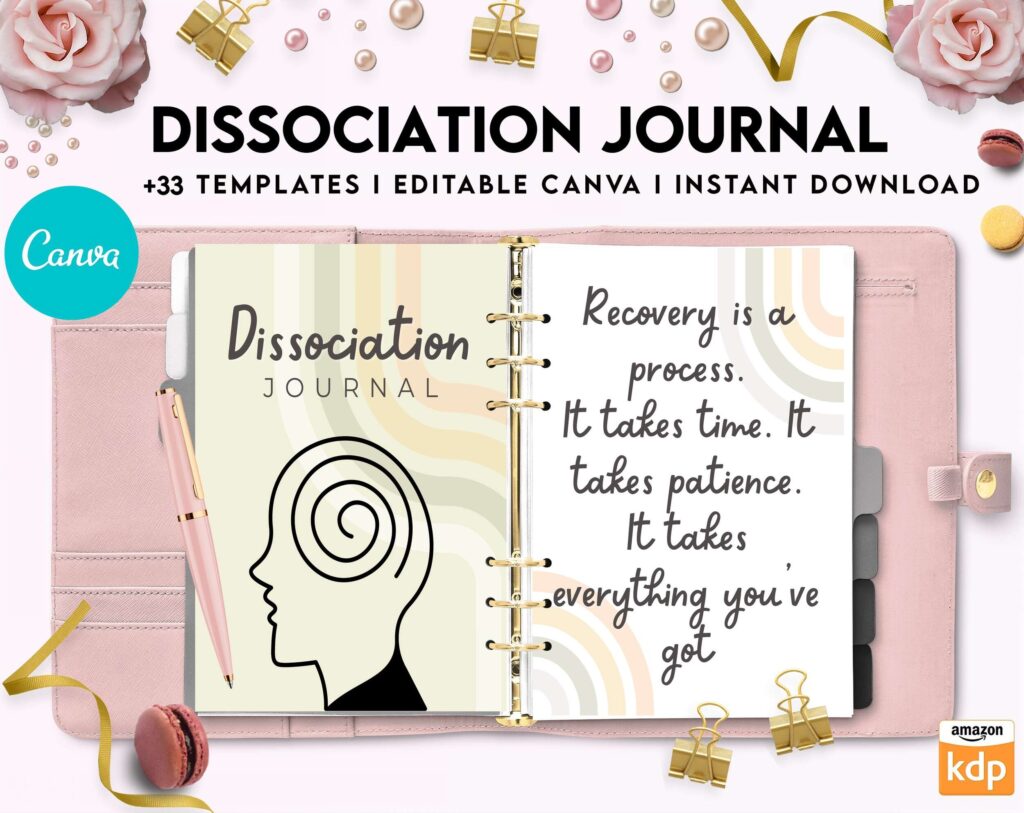 Dissociation journal, dissociative disorders, Trauma, stress disorder, ptsd, Canva Editable Templates 8,5×11 inch, KDP interior