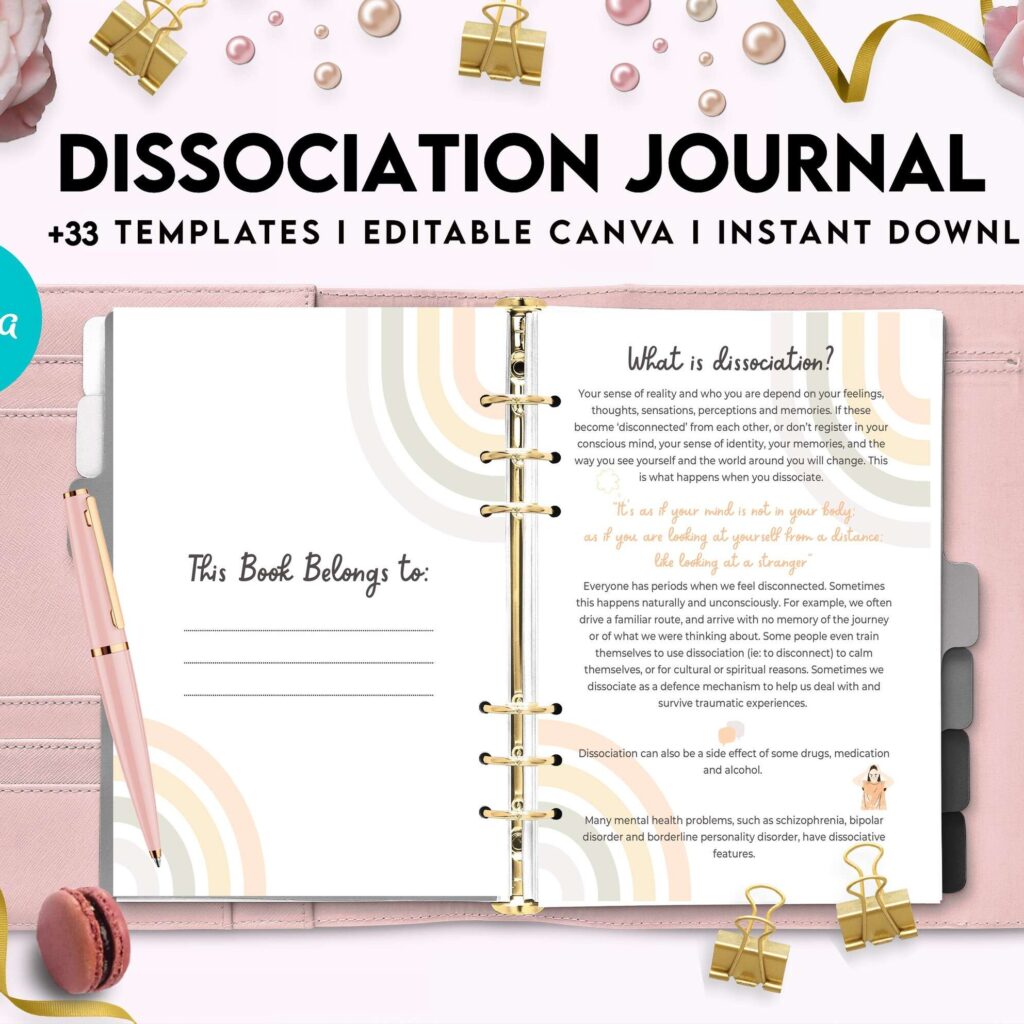 Dissociation journal, dissociative disorders, Trauma, stress disorder, ptsd, Canva Editable Templates 8,5×11 inch, KDP interior