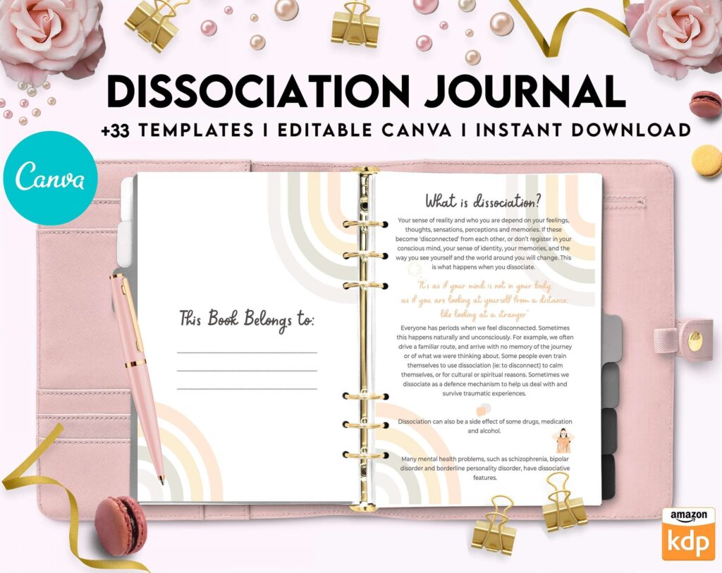 Dissociation journal, dissociative disorders, Trauma, stress disorder, ptsd, Canva Editable Templates 8,5×11 inch, KDP interior