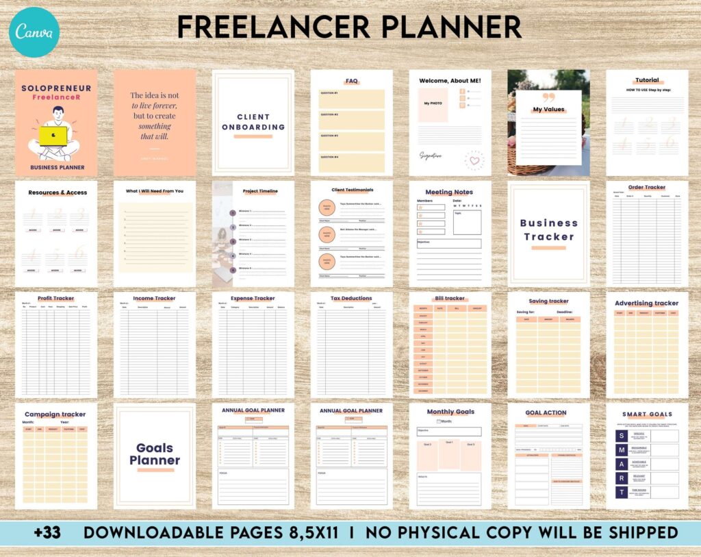 Solopreneur Freelancer Planner, client management , work from home, small business, Canva Editable Templates 8,5×11 inch, KDP interior
