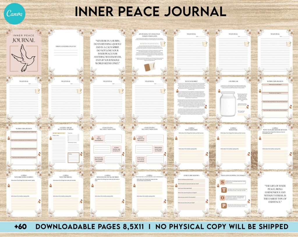 Inner Peace Journal, Calming journal, Happiness journal, Spiritual journal, Canva Editable Templates 8,5×11 inch, KDP interior