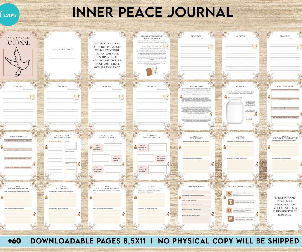 Inner Peace Journal, Calming journal, Happiness journal, Spiritual journal, Canva Editable Templates 8,5×11 inch, KDP interior